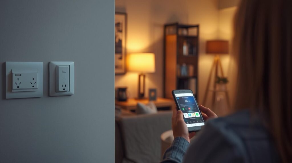 A modern smart home scene showing smart plugs connected to lamps, coffee makers, and small appliances in a cozy modern living room. A person is controlling the devices using a smartphone with a smart home app visible on the screen. Clean minimalist interior, warm lighting, realistic lifestyle photography, high resolution, horizontal composition, website header image.