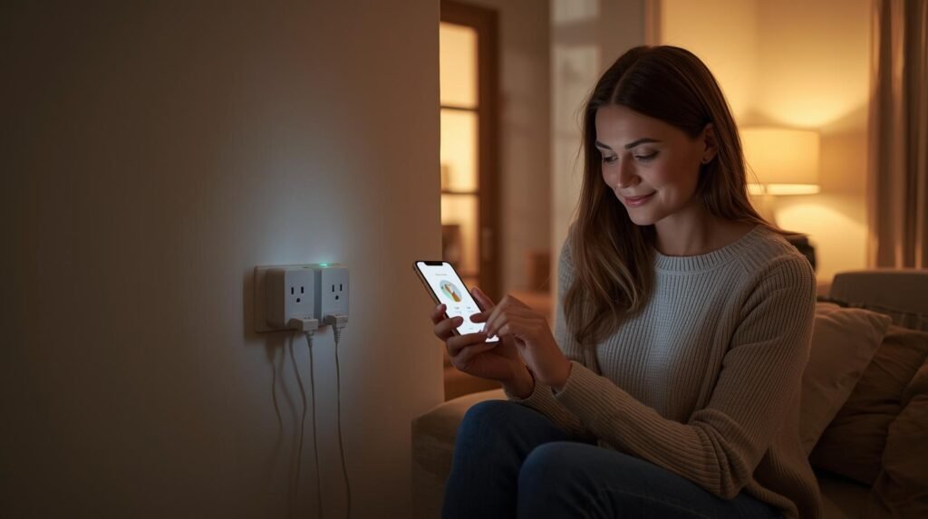 A modern smart home scene showing smart plugs connected to household devices in a cozy modern living room. A person is controlling the device using a smartphone with a smart home app visible on the screen. Clean minimalist interior, warm lighting, realistic lifestyle photography, high resolution, horizontal composition, website header image.