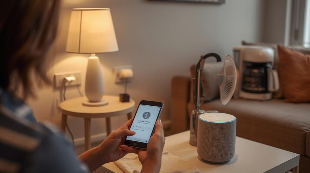 Smart plugs compatible with Google Home controlling household devices through a smartphone