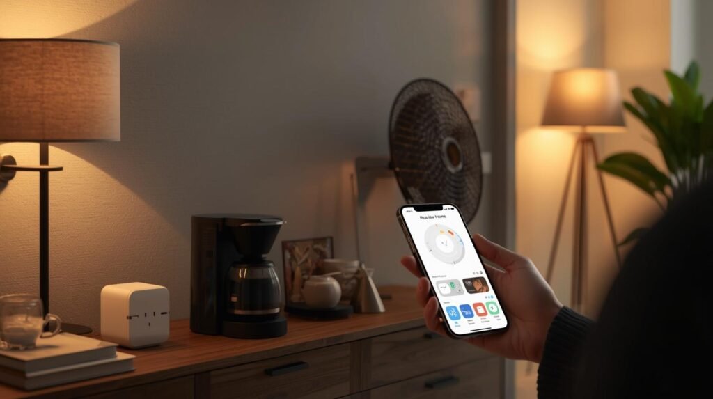 Smart plugs compatible with Apple HomeKit controlling household devices through the Apple Home app