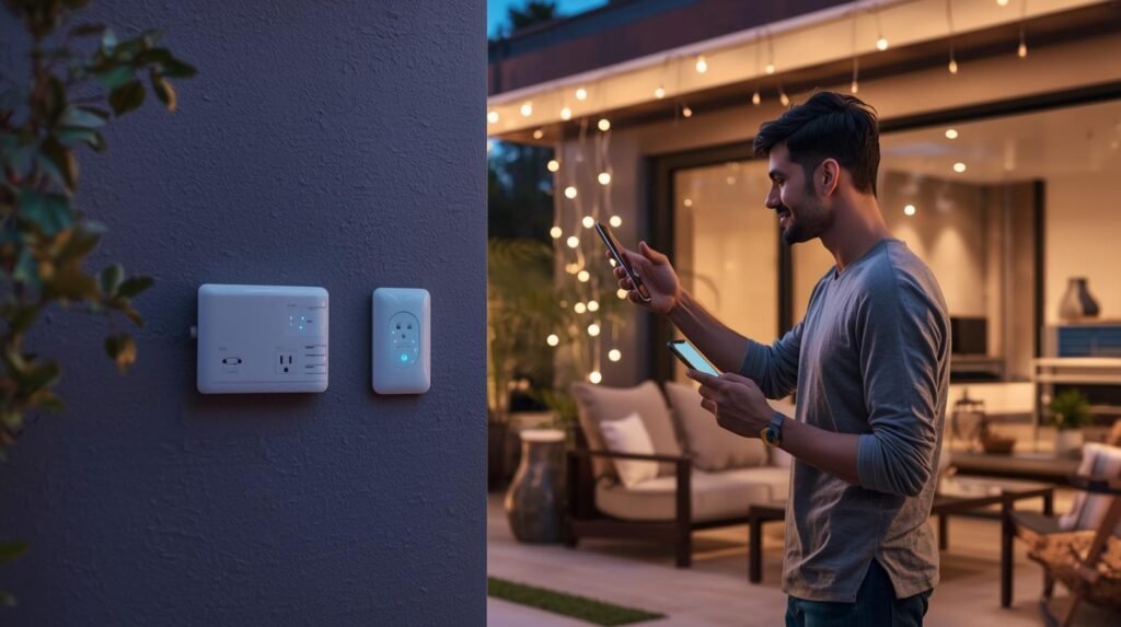 Outdoor smart plugs controlling patio lights and garden devices using a smartphone smart home app