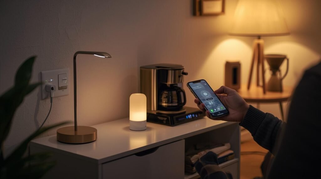 Compact smart plugs controlling household devices in a small apartment using a smartphone smart home app