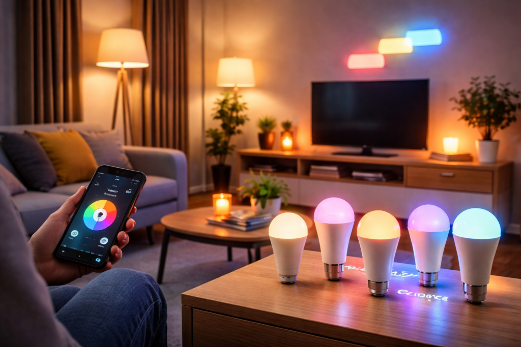 Budget smart bulbs in a modern living room controlled via smartphone