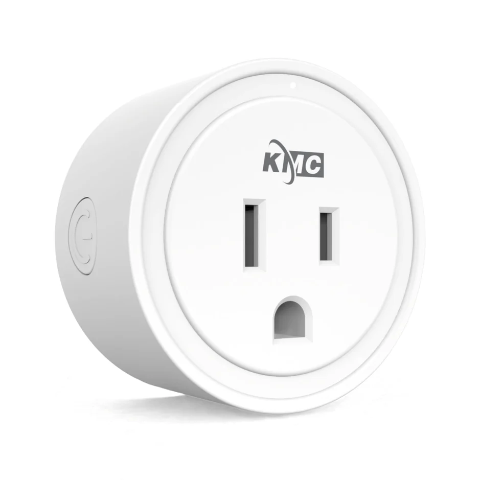 KMC Smart Plug Mini controlling a desk lamp through a wall outlet