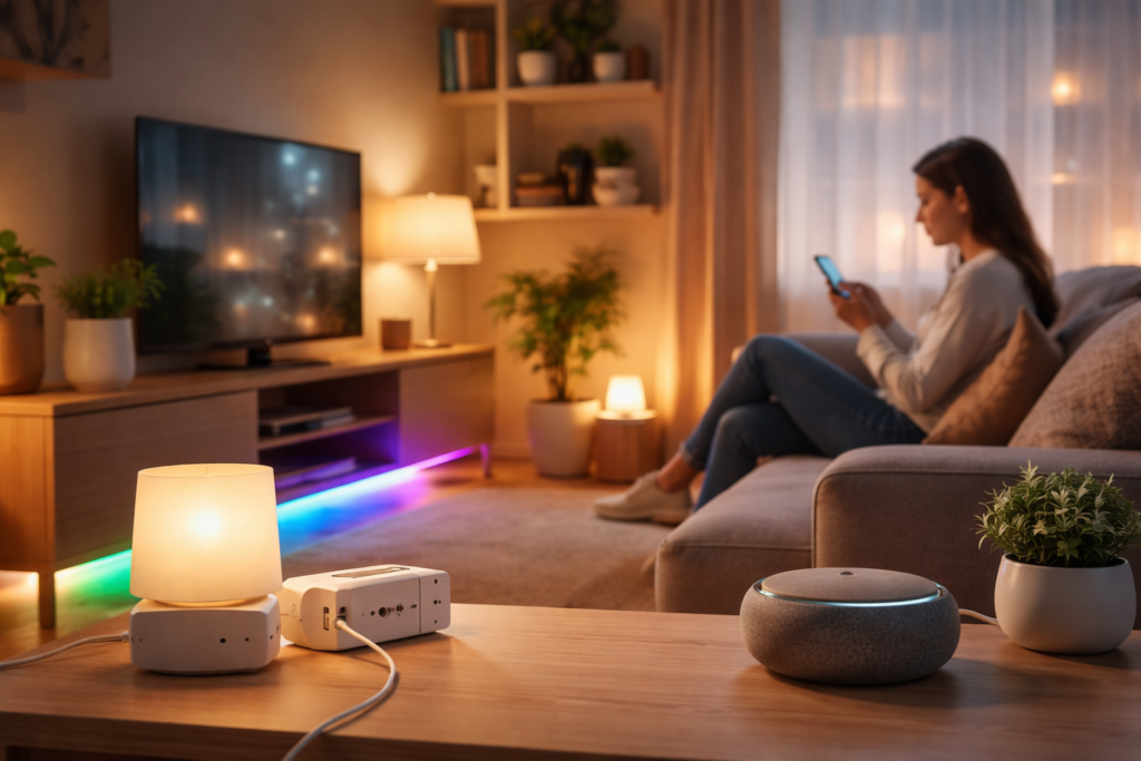 Smart home devices in a small apartment with ambient lighting and voice control setup