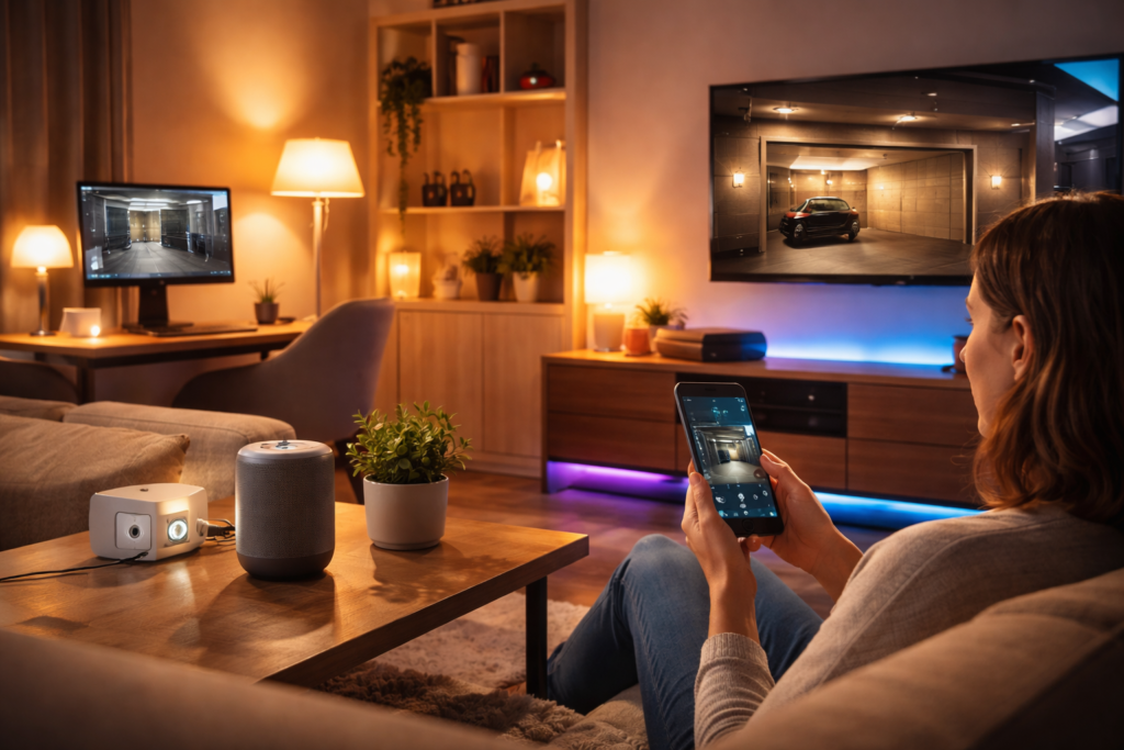 Smart home automation system with plugs and lights controlled via smartphone in a modern apartment