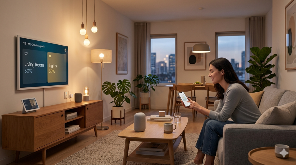 Smart home devices for beginners in a modern apartment with voice assistant and lighting automation