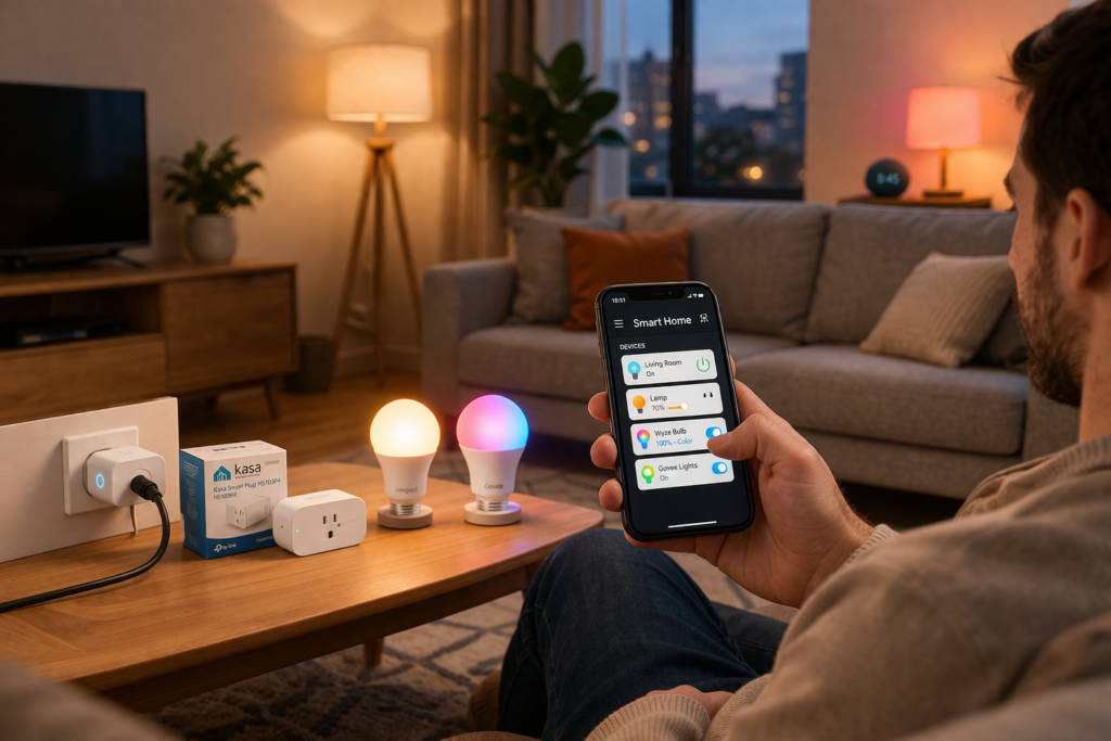 Modern living room with budget smart home devices, including smart plugs and smart bulbs, being controlled via smartphone app in a cozy, warm-lit environment.