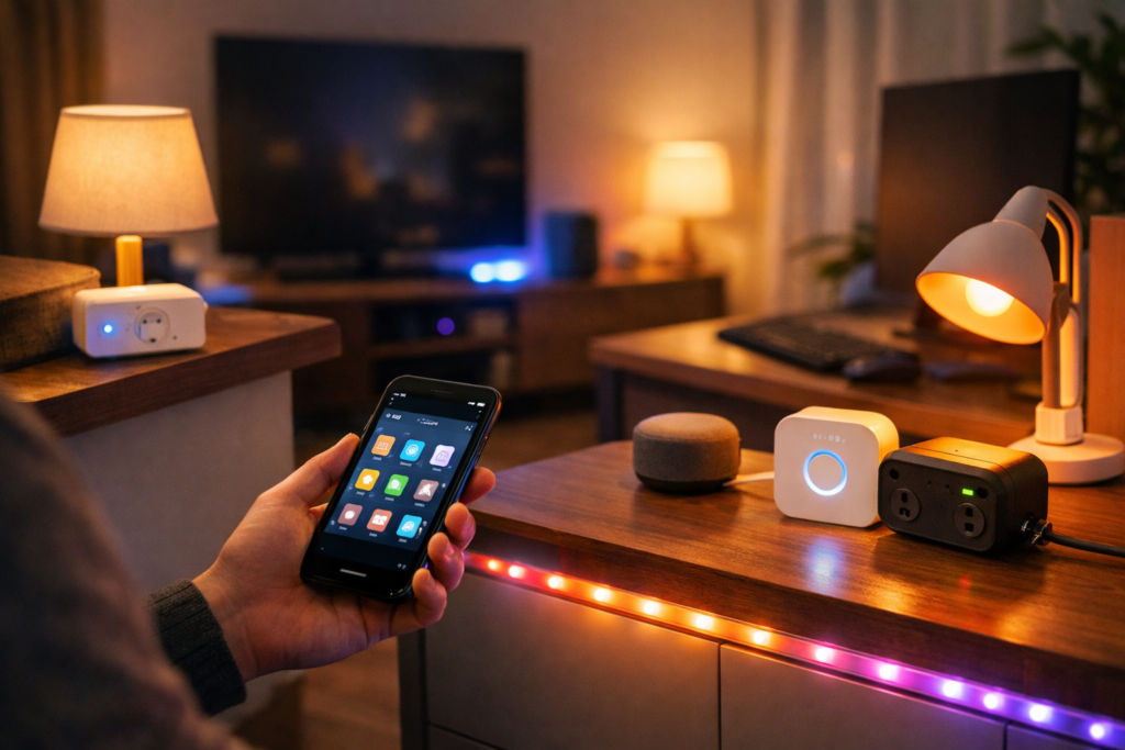 Smart home setup in a modern apartment showing smart plugs and lighting being controlled via smartphone