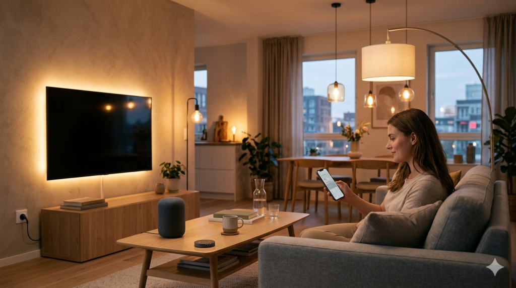 Smart home starter setup with speaker, lights, and smart devices in a modern living room