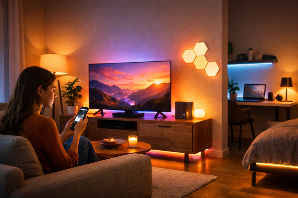 Smart light strips creating ambient lighting in a modern apartment interior