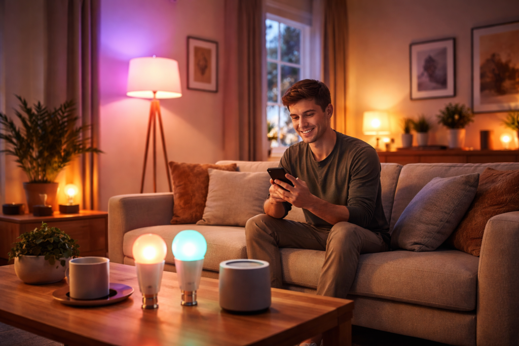 Smart bulbs creating ambient lighting in a modern apartment