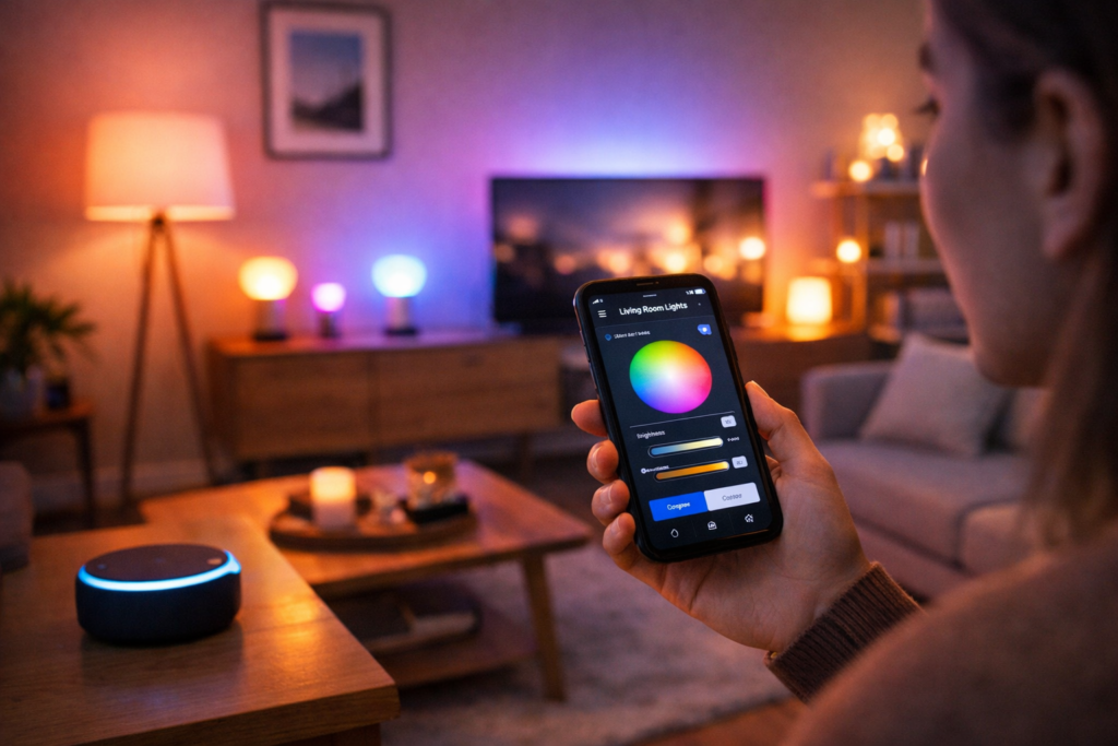Smart lights controlled with Alexa in a modern living room