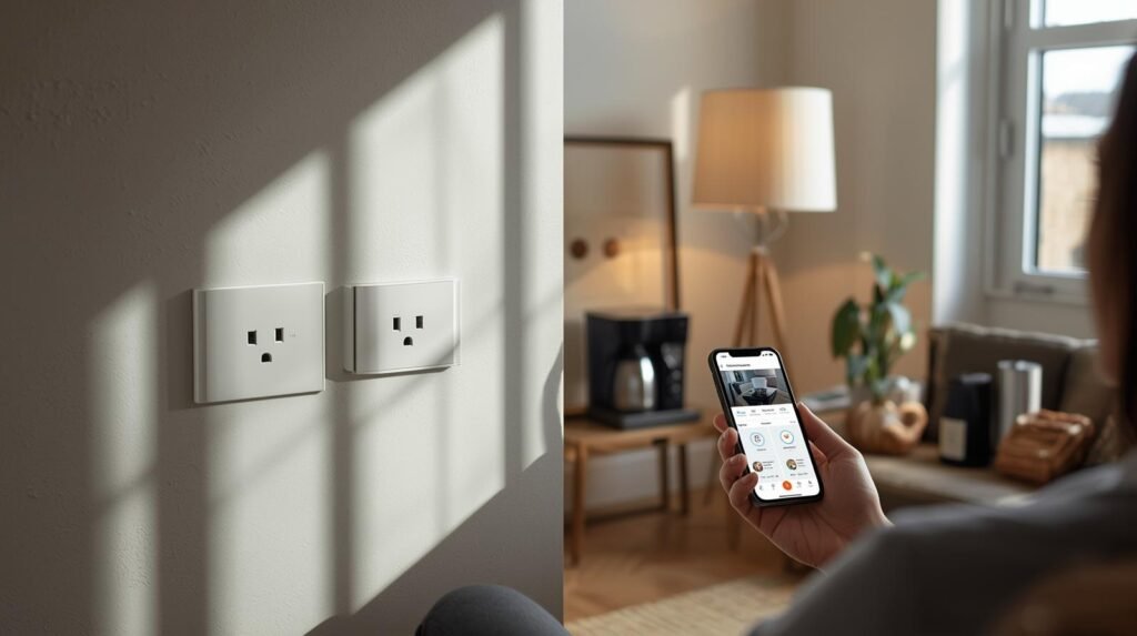 Smart plugs controlling home devices via smartphone in a modern living room