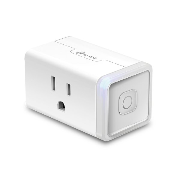 TP-Link Kasa slim smart plug connected to a wall outlet controlling a fan