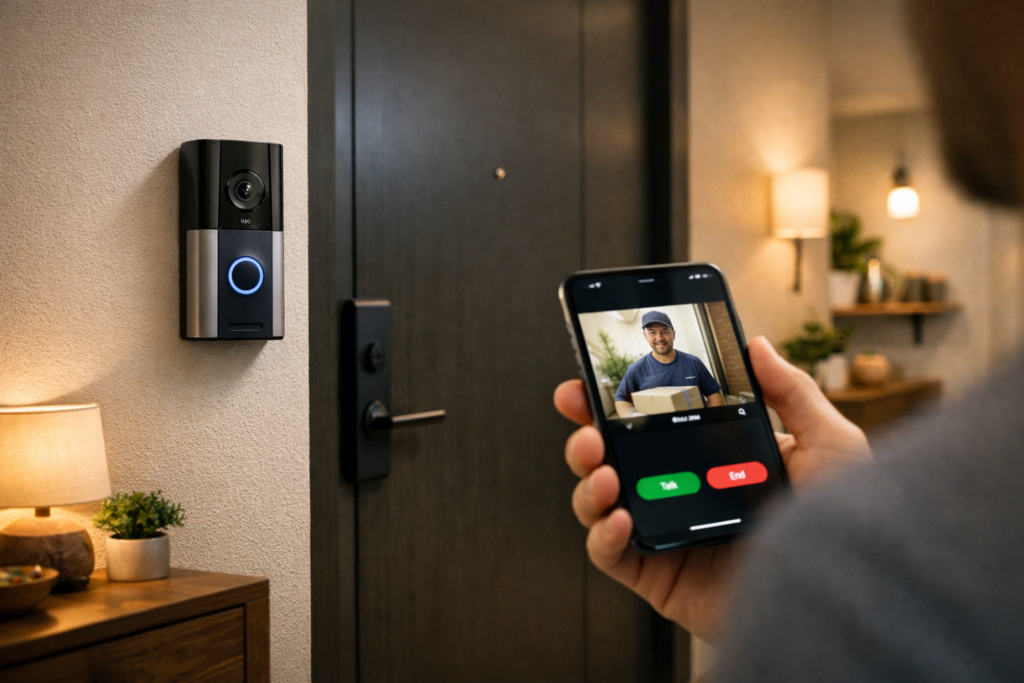 Smart video doorbell at a modern apartment entrance connected to Alexa, showing live notification on smartphone
