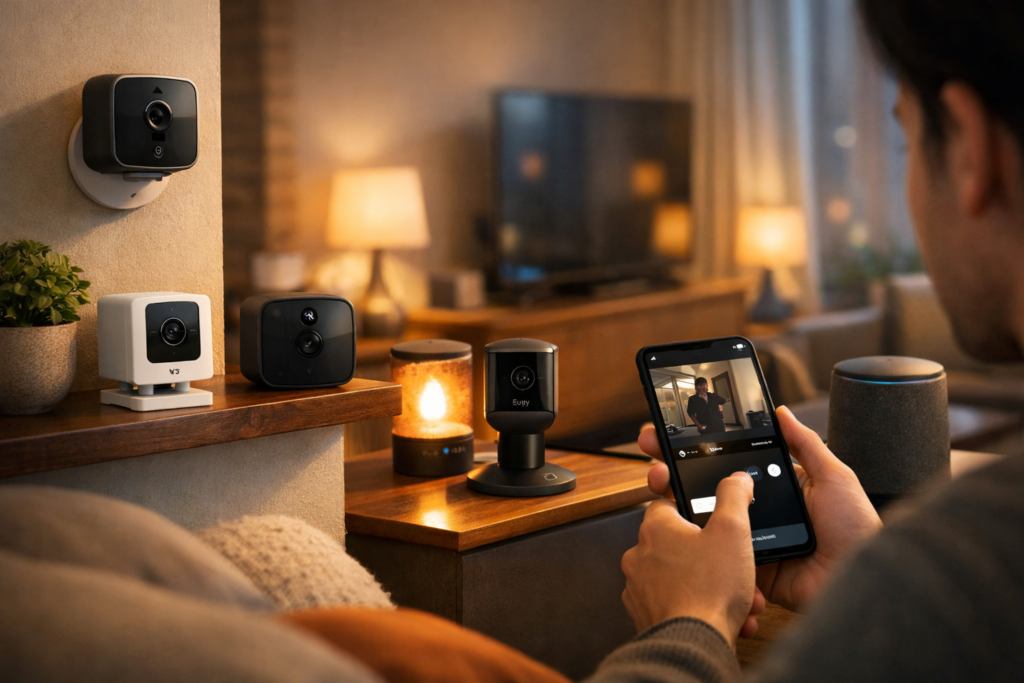 Smart home security cameras monitoring a modern apartment with smartphone control